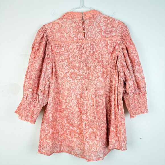 SUNDANCE Boho Smocked Floral Puff Sleeve Tunic Top Peach Coral - Picture 2 of 5